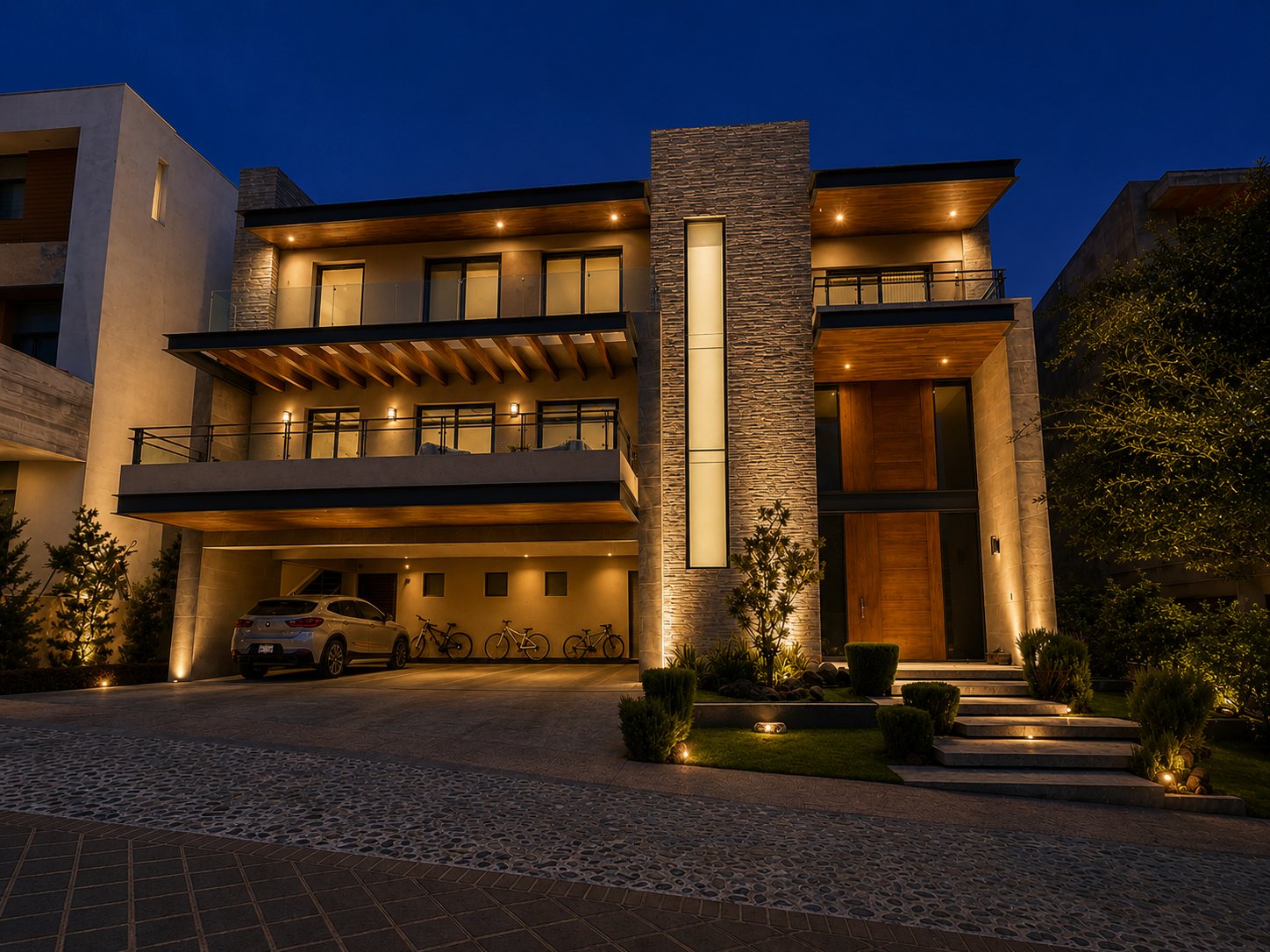 Casa Encinos iluminada de noche